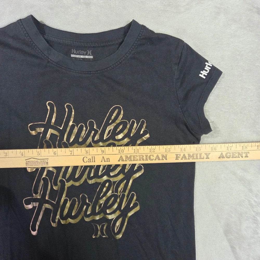 Hurley Black Graphic Tee Gold Foil Logo Short Sleeve Shirt Girls L 12/14